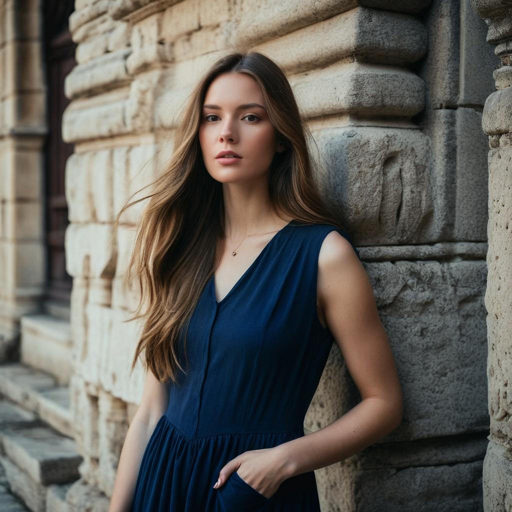 Portrait of Young Woman in Navy Dress by Stone Wall