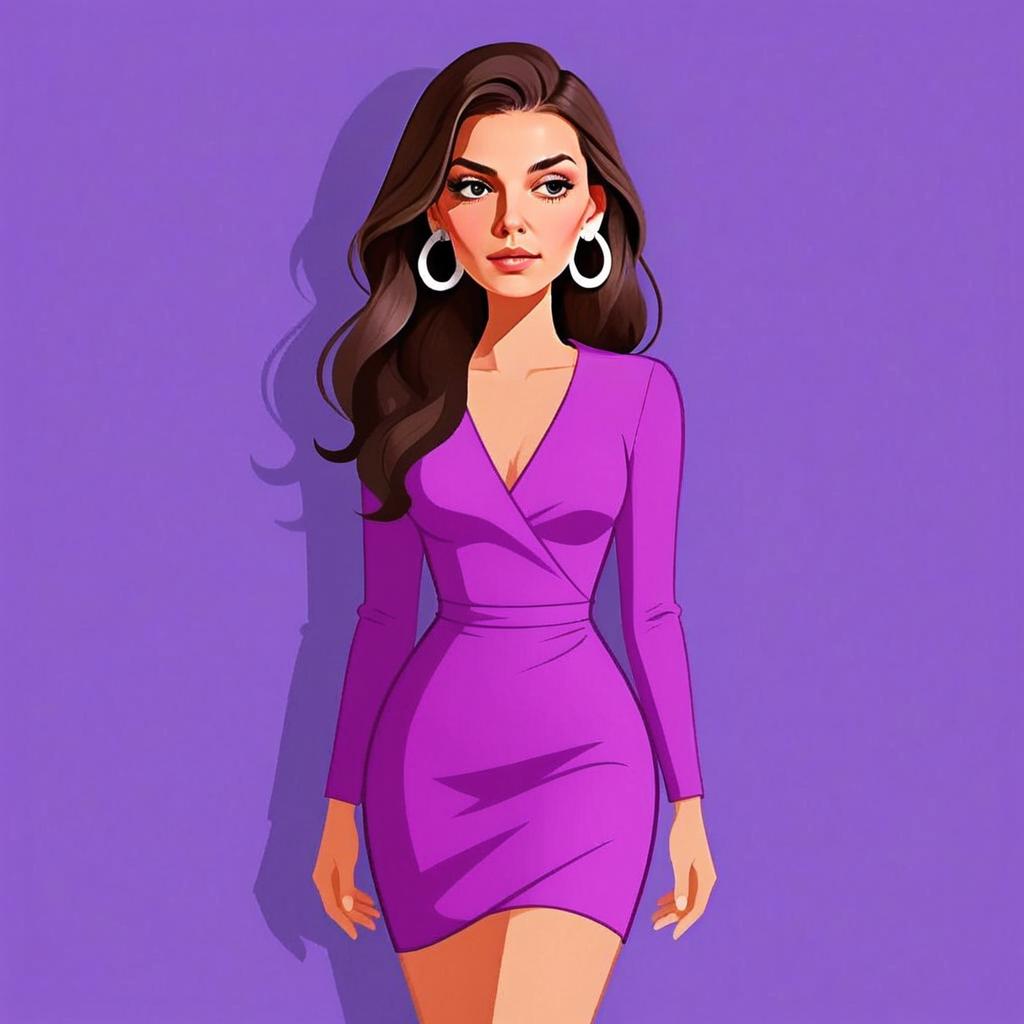 Chic Woman in Fitted Purple Wrap Dress Digital Illustration