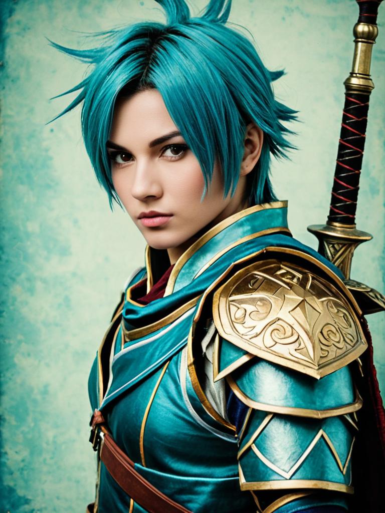 Realistic Natsu Soul Calibur Cosplay Woman with Teal Hair and Fantasy Armor