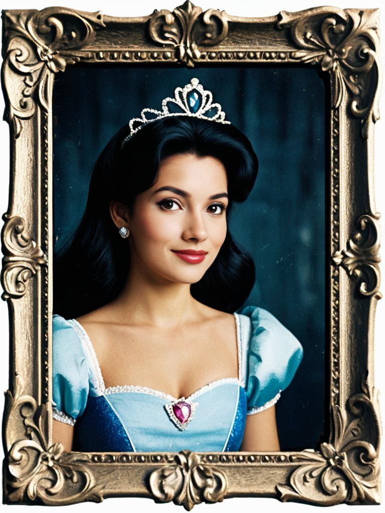 Elegant Woman in Blue Disney Princess Costume with Ornate Gold Frame