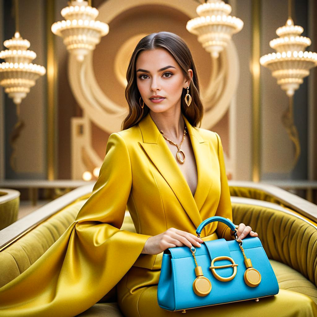 Elegant Young Woman in Yellow Suit with Blue Handbag