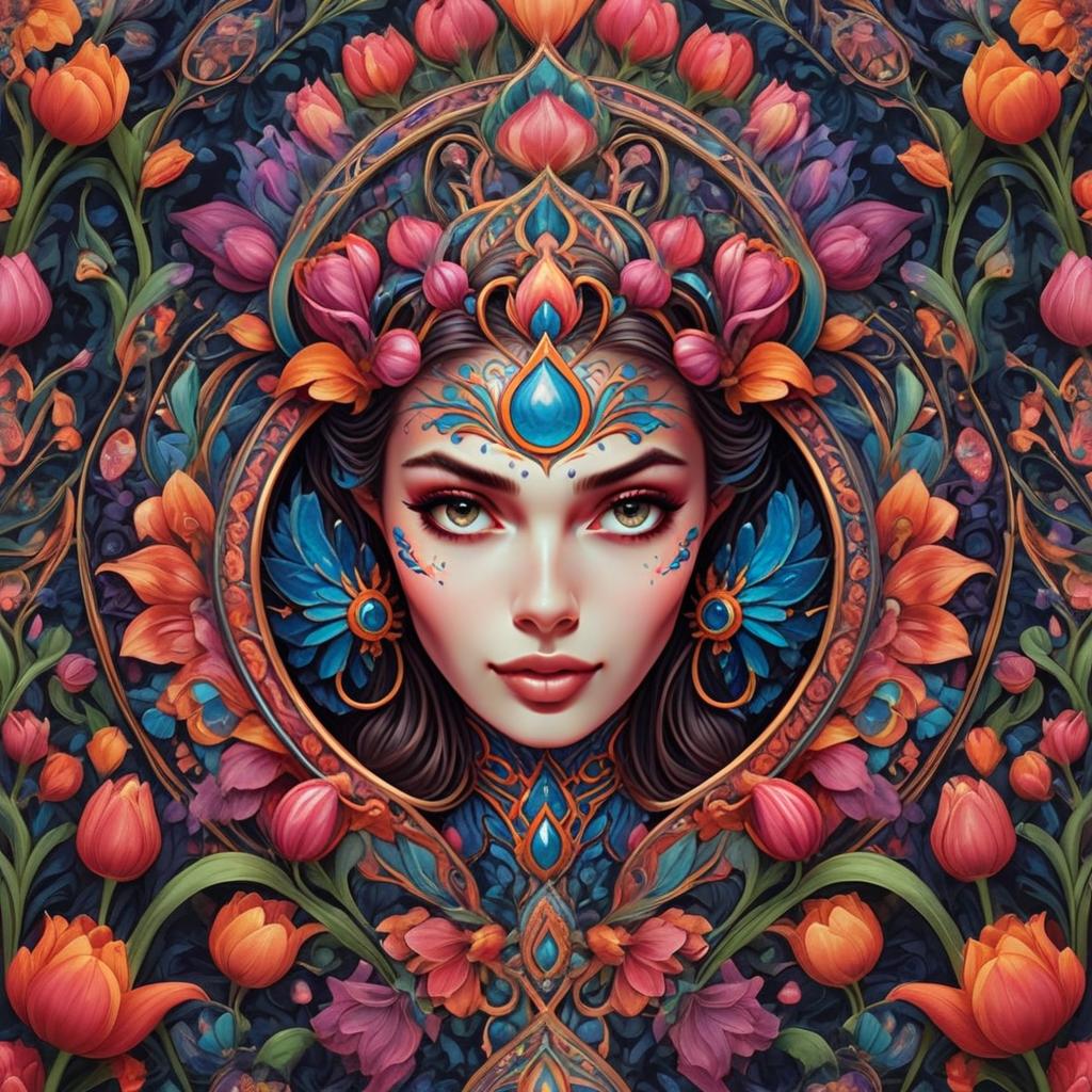 Woman Surrounded by Vibrant Floral Patterns Woman Surrounded by Vibrant Floral Patterns