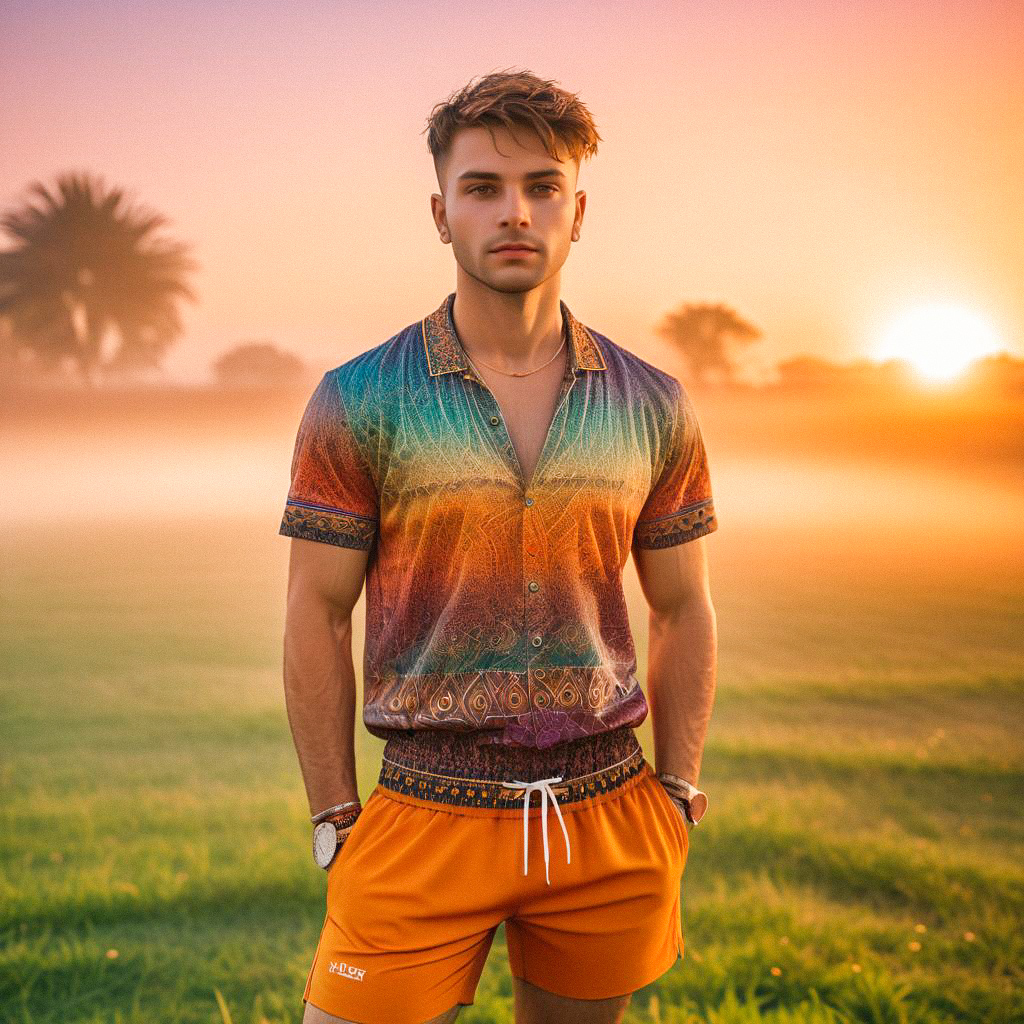 Confident Young Man in Colorful Attire at Sunset