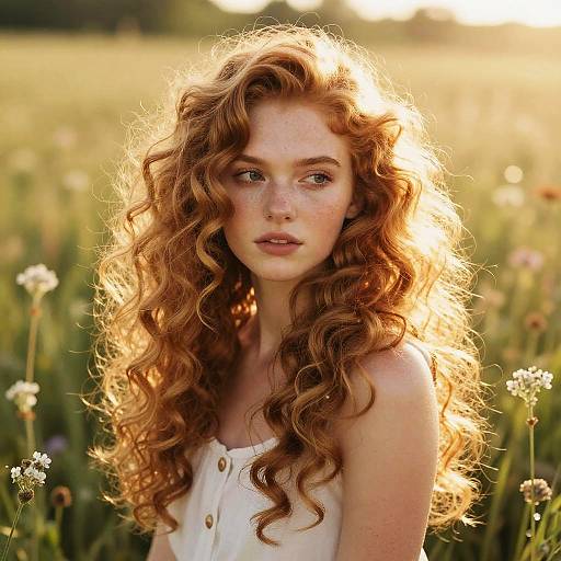 Young Redhead Woman in Sunlit Wildflower Field with Curly Hair