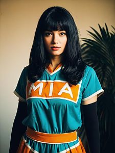 Realistic Mia Cosplay Woman in Teal and Orange Costume