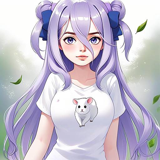 Anime Girl with Lavender Hair Wearing White T-Shirt with Mouse Illustration