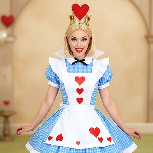 Whimsical Woman in Blue Gingham Dress with Heart Crown Costume