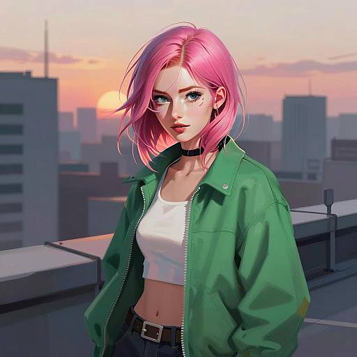 Stylish Young Woman with Pink Hair on Rooftop at Sunset