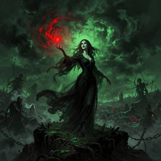 Dark Sorceress Summoning Red Orb in Haunted Landscape