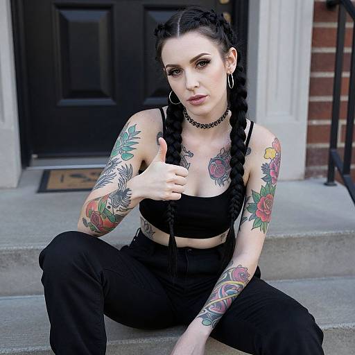 Young Woman with Tattoos Sitting Outdoors Giving Thumbs Up