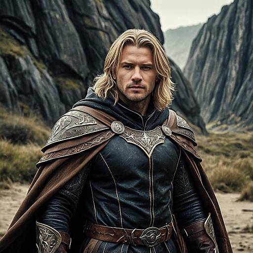 Heroic Medieval Warrior Man in Detailed Armor with Mountain Background