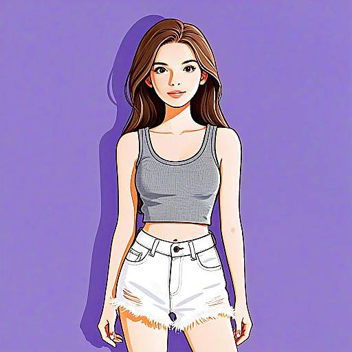 Stylized Digital Illustration of Woman with Cropped Knit Tank Top and White Shorts