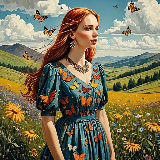 Red-Haired Woman in Butterfly Dress in Vibrant Meadow