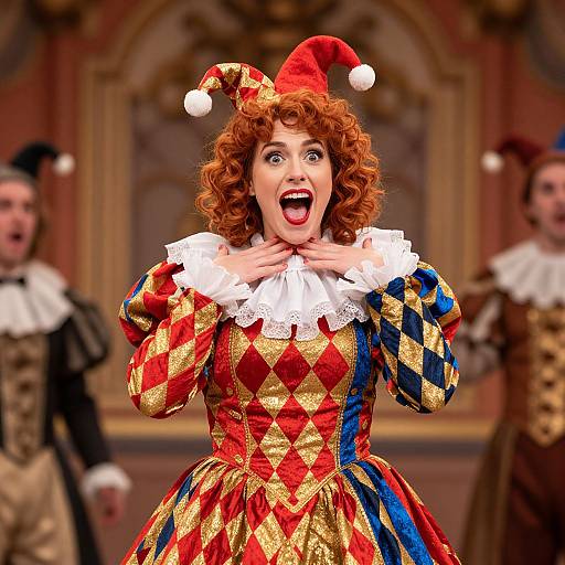 Jester Woman in Colorful Harlequin Costume Performing on Stage