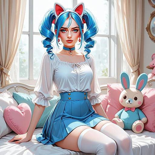 Stylish Blue-Haired Woman with Cat Ears Digital Art in Cozy Bedroom