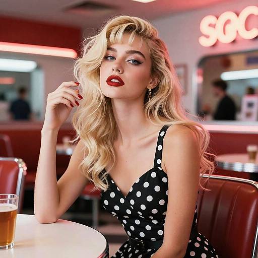 Stylish Woman in Retro Polka Dot Dress at Vintage Diner