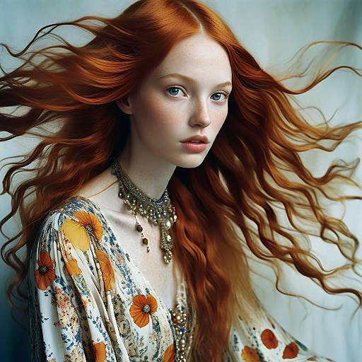 Portrait of Red-Haired Woman with Flowing Hair in Floral Vintage Dress