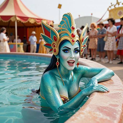 Aquatic Goddess Cosplay Woman in Pool with Elaborate Headdress