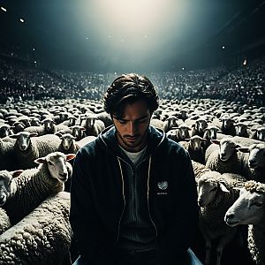 Man Surrounded by Sheep in Contemplative Scene