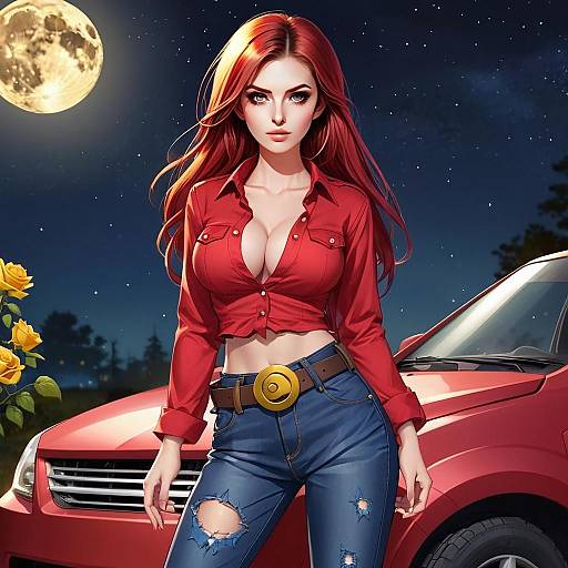 Confident Red-Haired Woman in Night Scene with Red Car and Full Moon