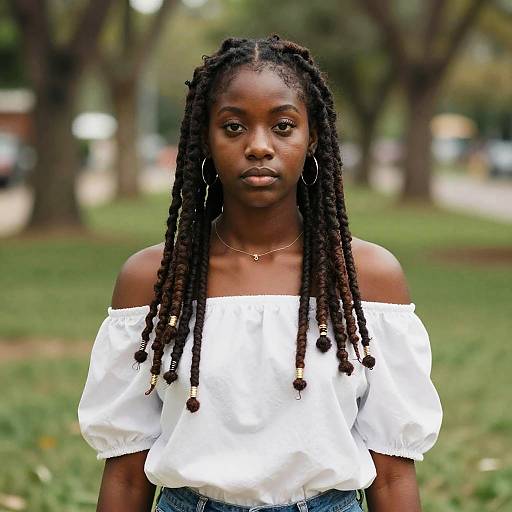 Portrait of Young Black Woman with Twisted Braids in White Off-Shoulder Top