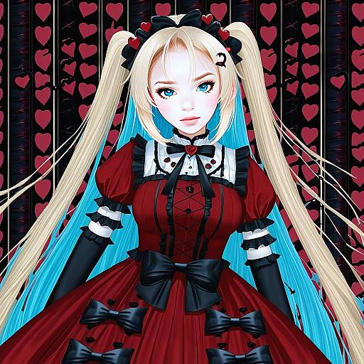 Gothic Lolita Woman with Blonde Twin Tails in Red Dress Digital Art