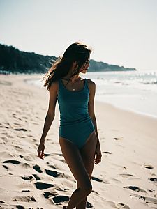 Woman in Teal Swimsuit Walking on Sunny Beach Coastal Landscape