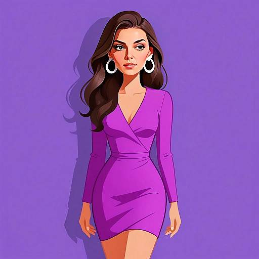 Chic Woman in Fitted Purple Wrap Dress Digital Illustration