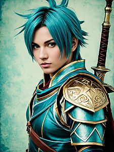 Realistic Natsu Soul Calibur Cosplay Woman with Teal Hair and Fantasy Armor