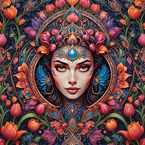 Woman Surrounded by Vibrant Floral Patterns