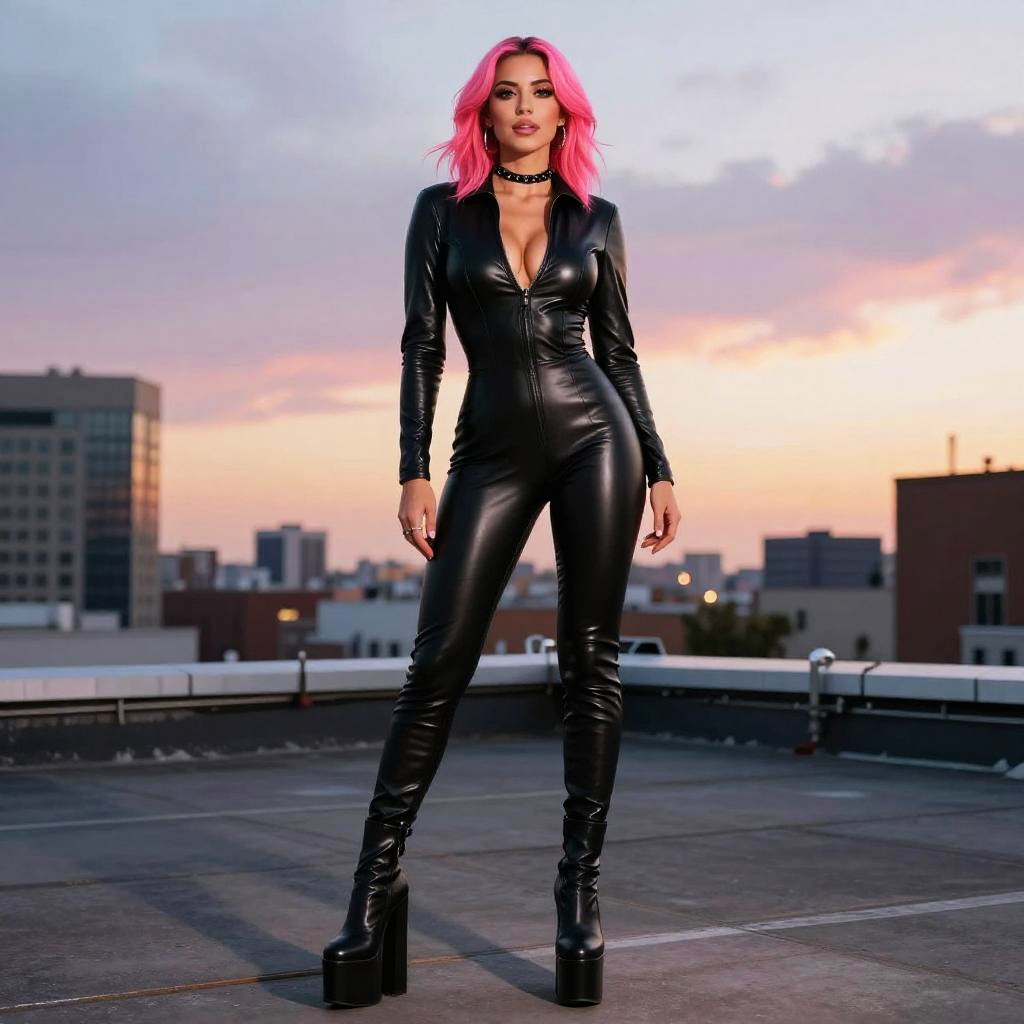 Confident Woman in Black Leather Jumpsuit with Pink Hair on Rooftop at Sunset