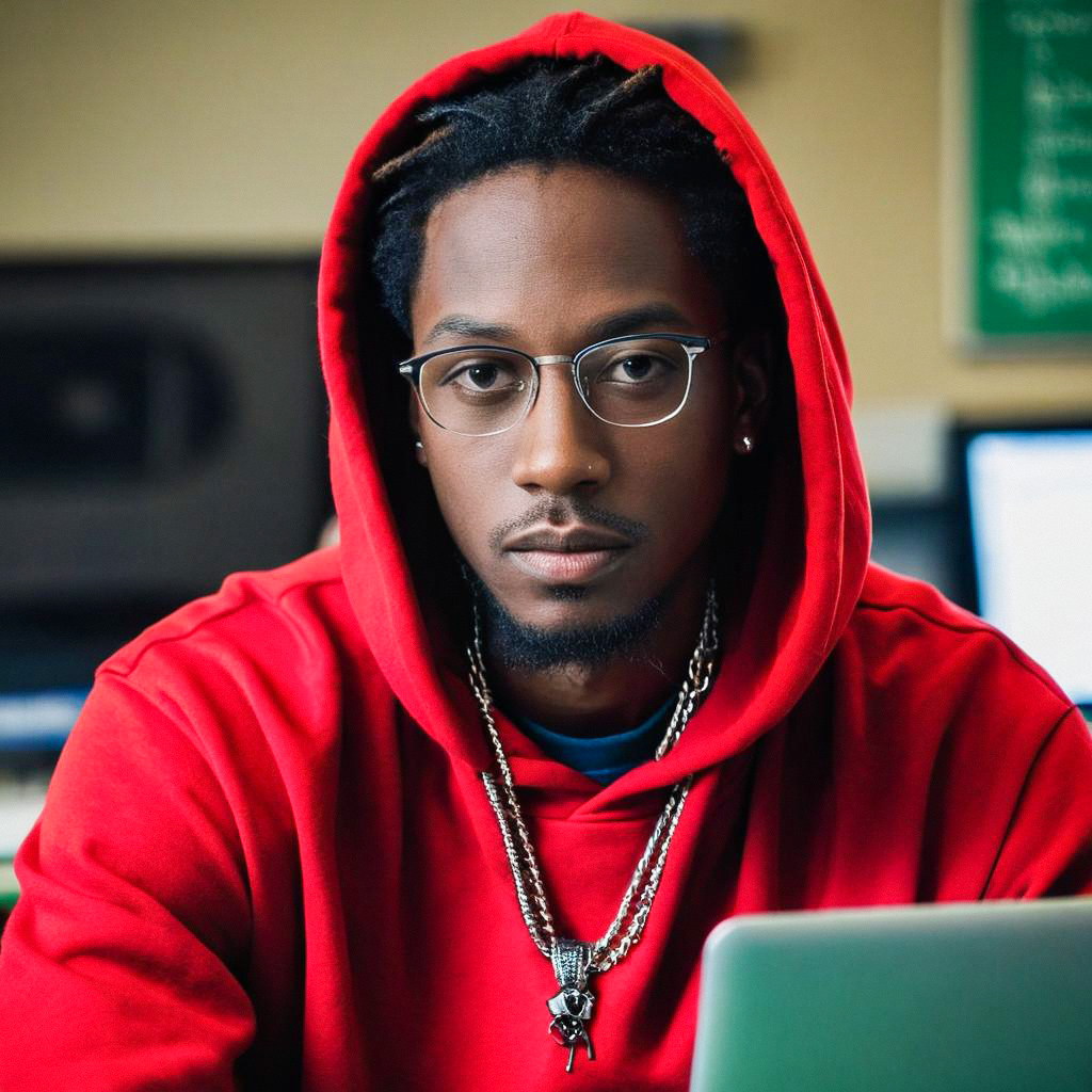 Young Man in Red Hoodie Working on Laptop Young Man in Red Hoodie Working on Laptop