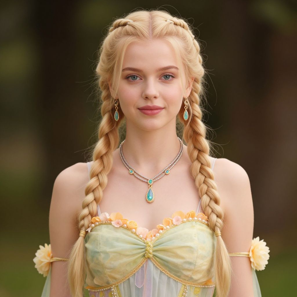 Young Woman in Floral Pastel Dress with Braided Hair and Turquoise Jewelry