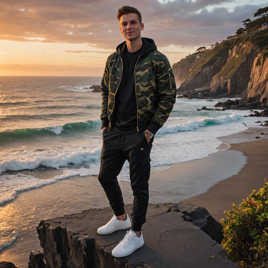 Stylish Man on Rocky Cliff at Sunset