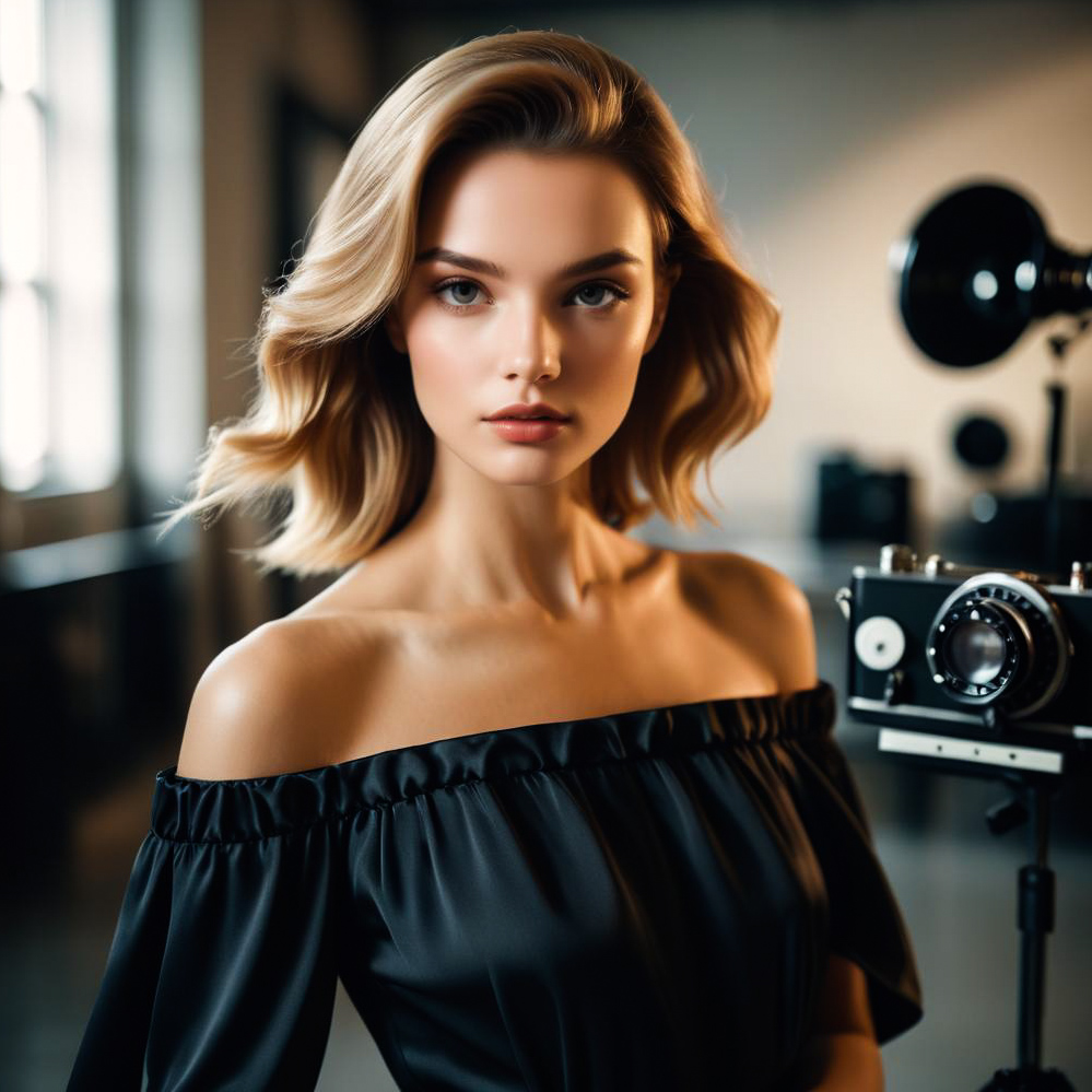 Elegant Woman in Off-Shoulder Black Dress with Vintage Photography Equipment