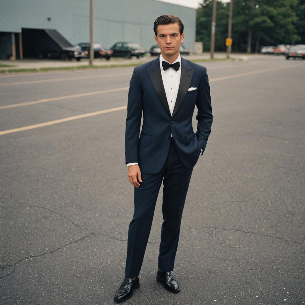 Stylish Man in Elegant Tuxedo on Quiet Street