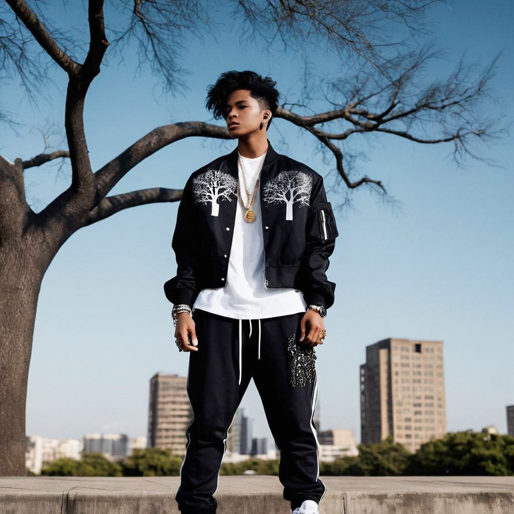 Confident Young Man in Stylish Streetwear Against Urban Skyline