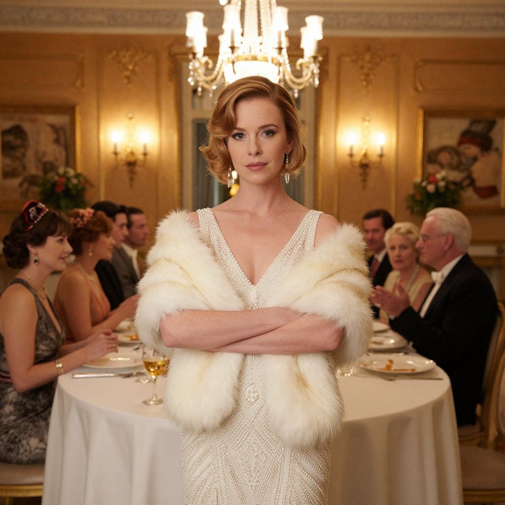 Elegant Vintage Woman in Pearl Gown and Fur Stole at Formal Dinner Party