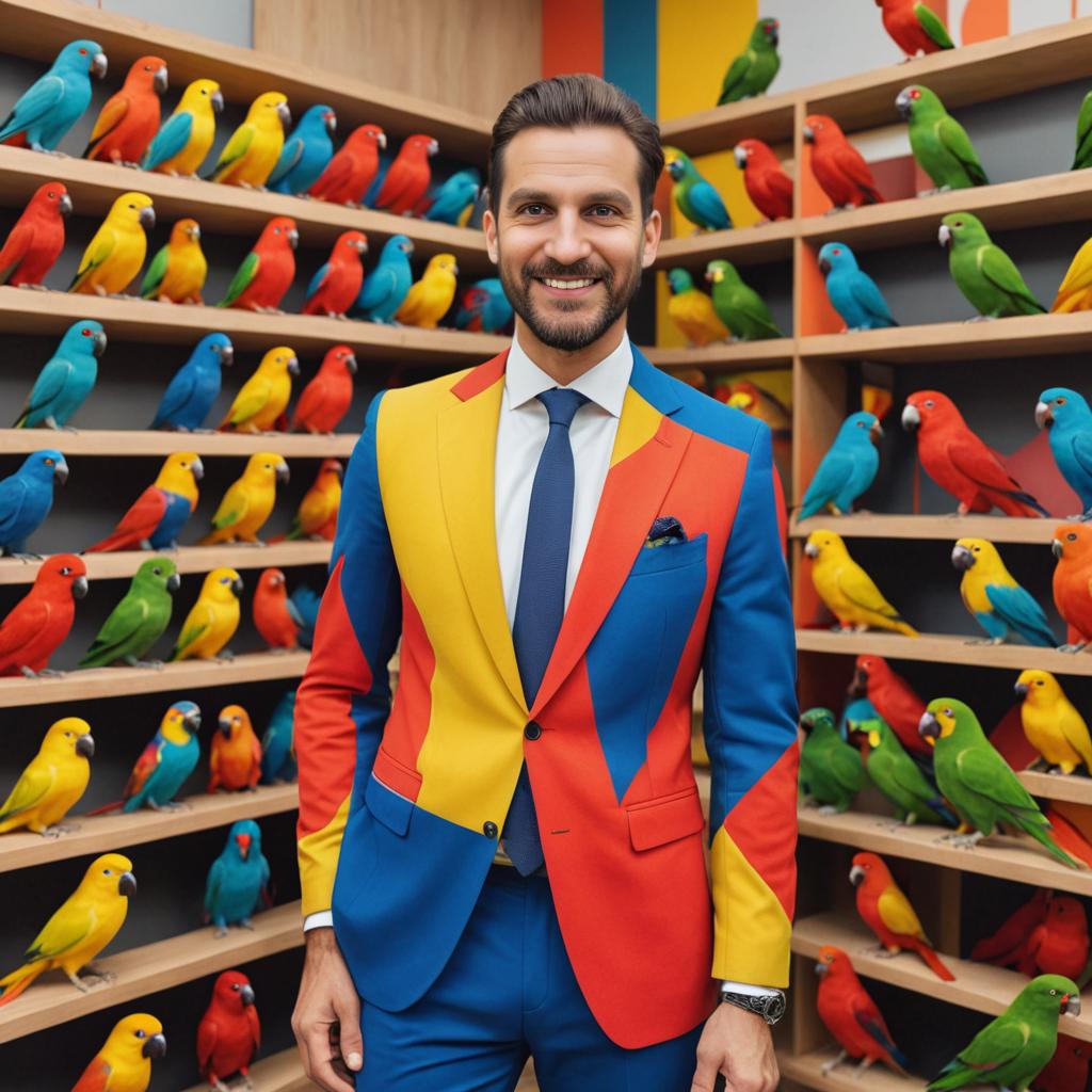 Man in vibrant suit with colorful parrots