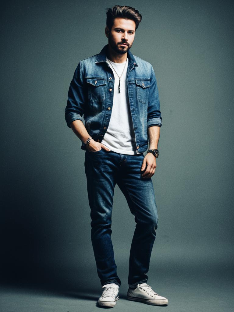 Man in Stylish Jeans Outfit Cinematic Realism Stylish Casual Portrait