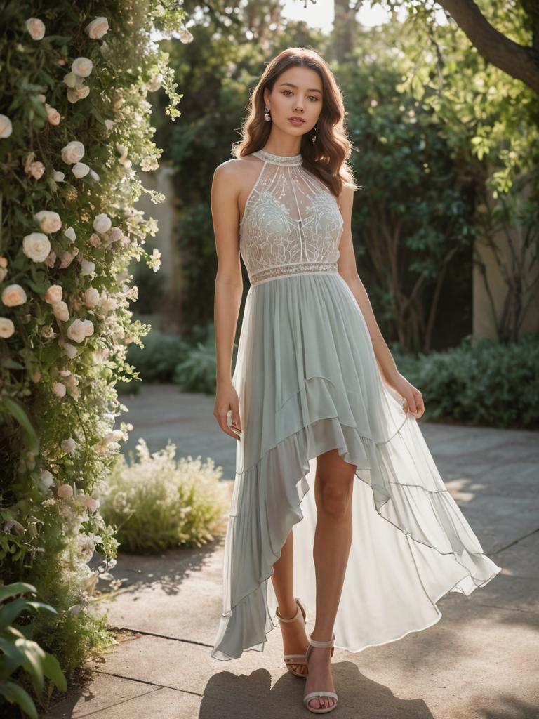 Woman Walking in Blooming Garden