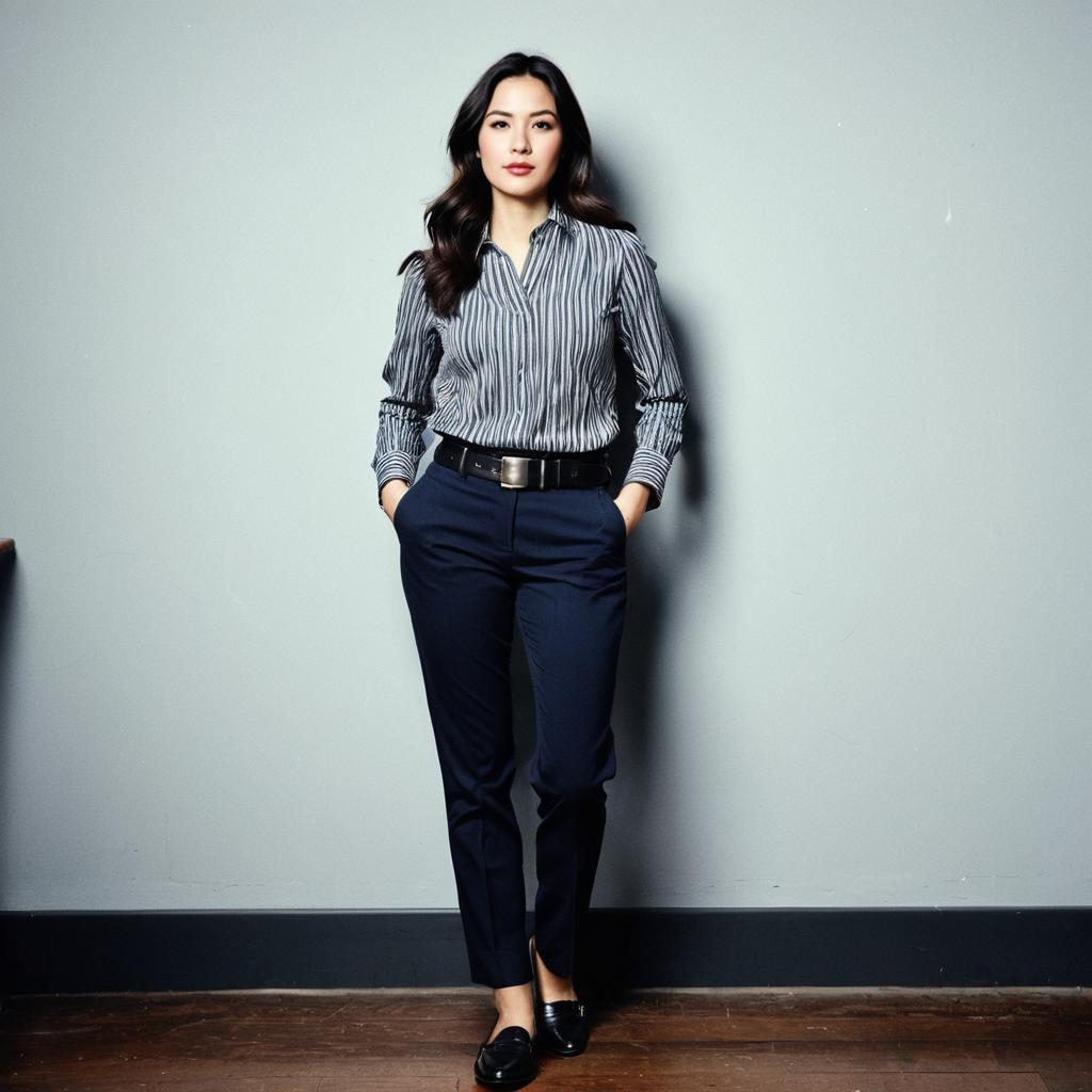 Confident Woman in Striped Shirt and Dark Trousers Standing Against Gray Wall Confident Woman in Striped Shirt and Dark Trousers Standing Against Gray Wall