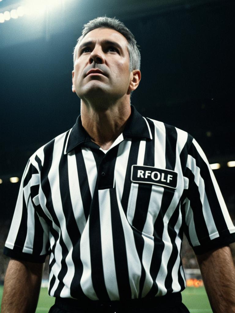 Dramatic Low Angle Portrait of Man in Referee Costume at Sports Event