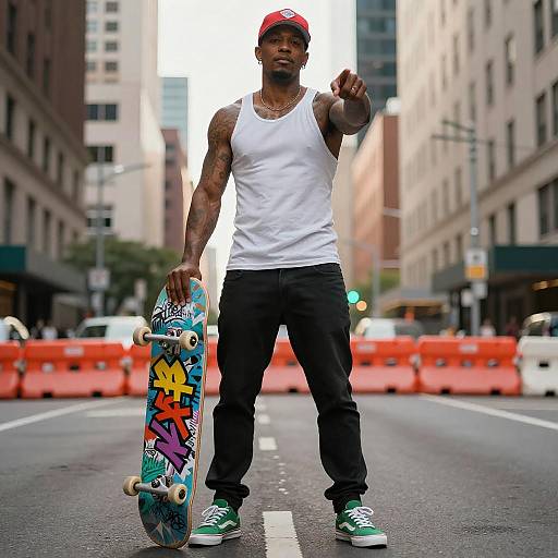Young Man with Graffiti Skateboard in Urban Street Style