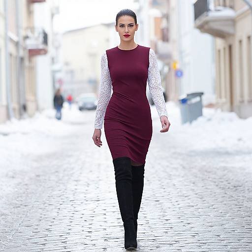Woman in Burgundy Dress and Black Boots Walking on Winter Cobblestone Street
