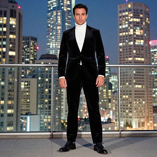 Man in Black Velvet Suit on Rooftop with City Night Skyline