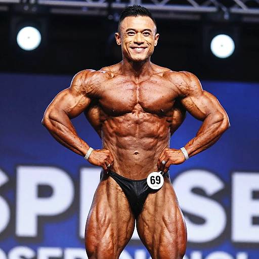 Male Bodybuilder Posing on Stage in Black Suit at Fitness Competition