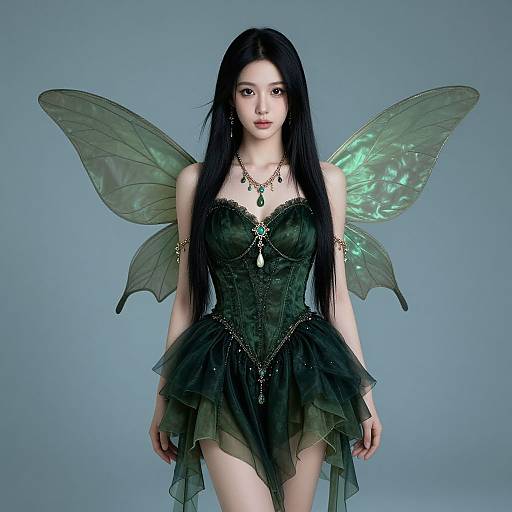 Dark Green Fairy Woman with Iridescent Wings in Fantasy Costume