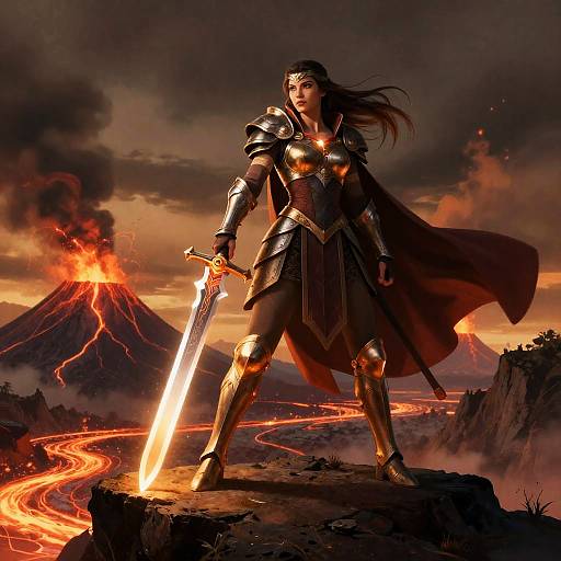 Epic Fantasy Woman Warrior with Sword and Volcanic Landscape