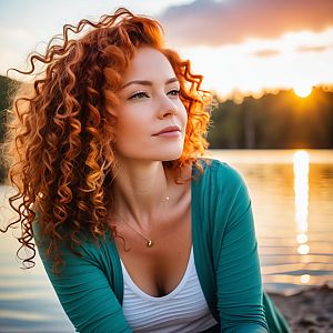 Serene Woman by Lakeside at Sunset